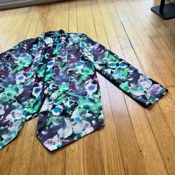 ASTR Size L NEW Black Multicolor Floral Open Front Long Sleeve Sheer Blazer - Picture 6 of 14
